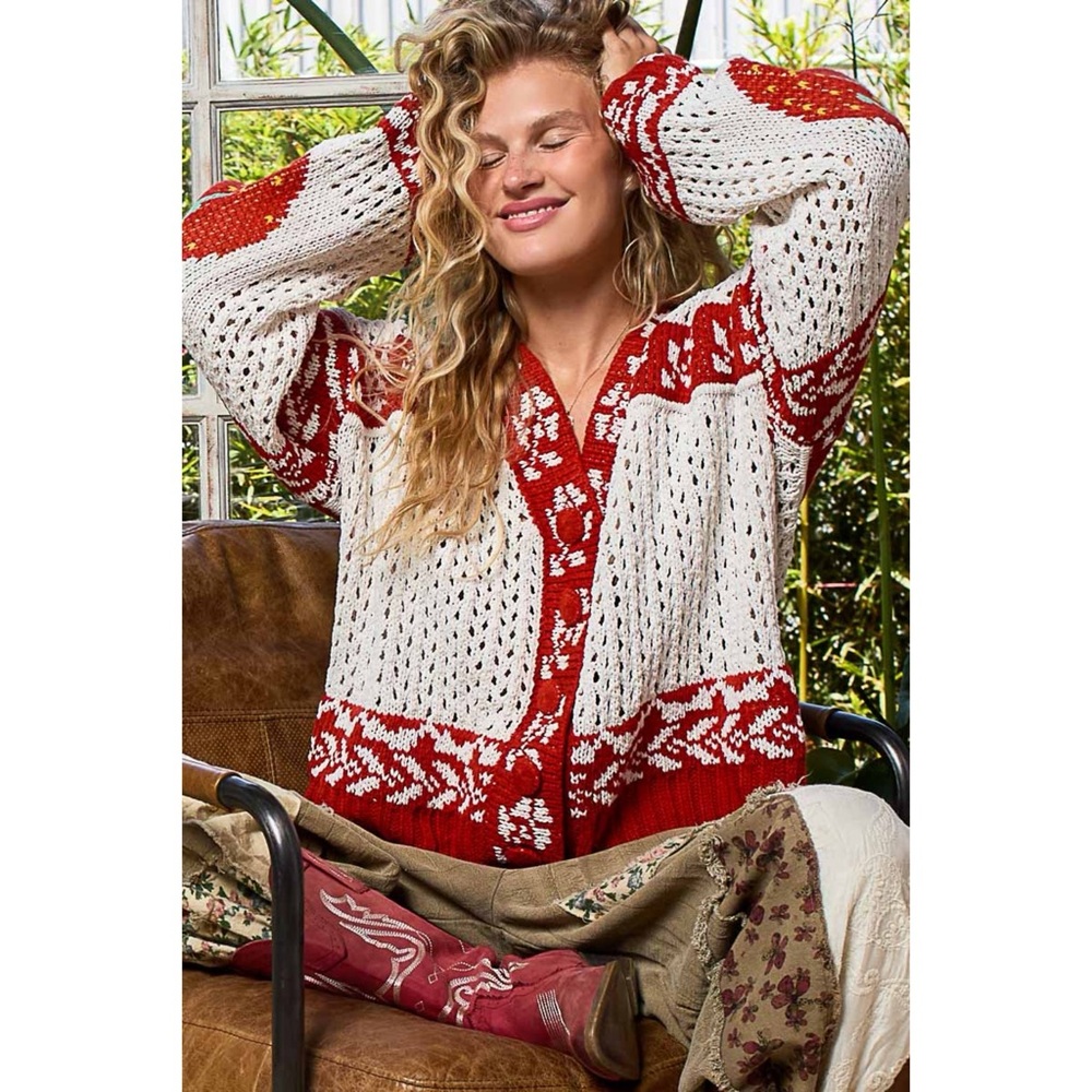 POL Cream Red Fair Isle Button Front Sweater Cardigan Strawberry Elbow Knit - Picture 9 of 9